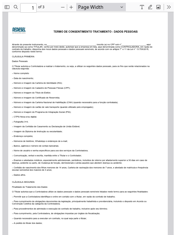 RH - Termo de Consentimento Tratamento - Dados Pessoais